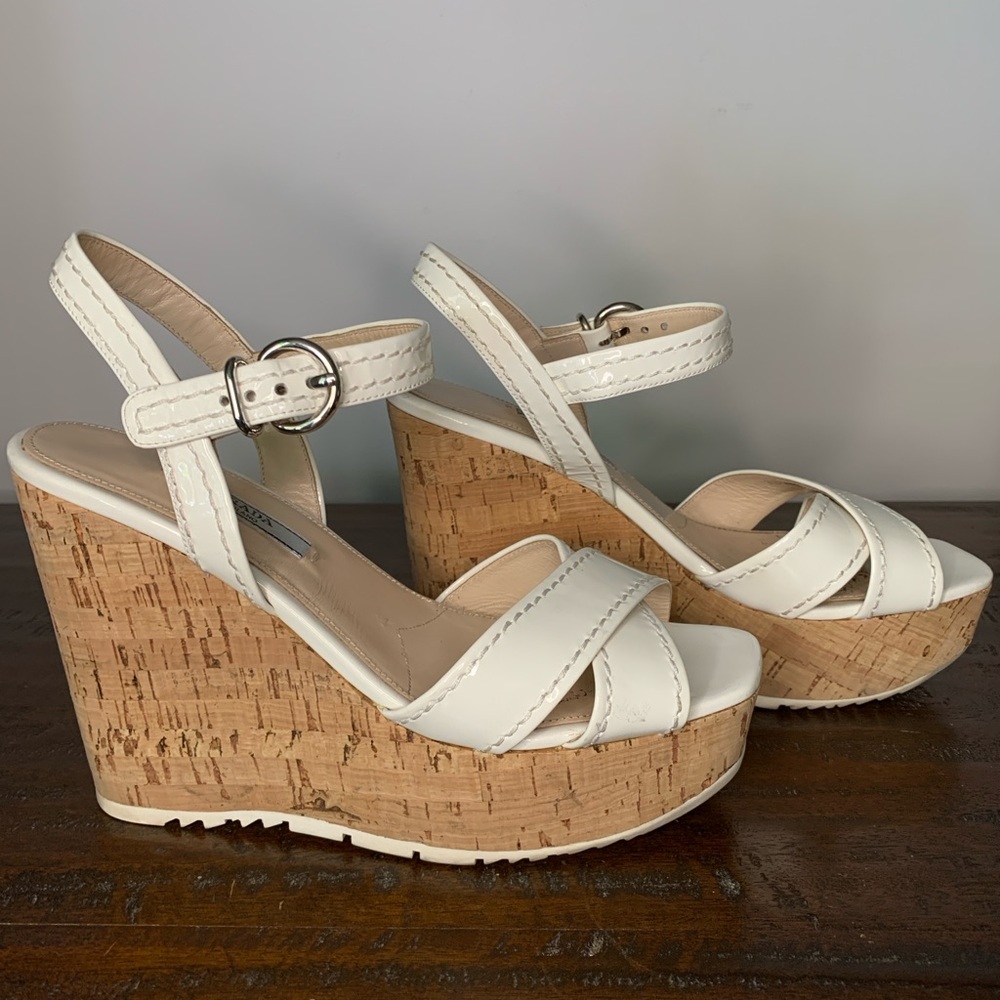 Prada White Wedge Sandals with Crisscross Straps Size 8.5 - Picture 6 of 10